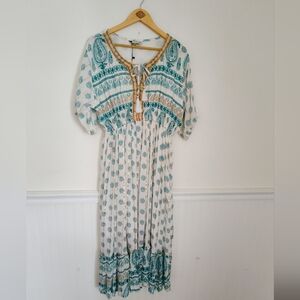 New! Pretty Teal Green And Ivory  Lined Gold Threds Maxi Dress Plus Size 2X